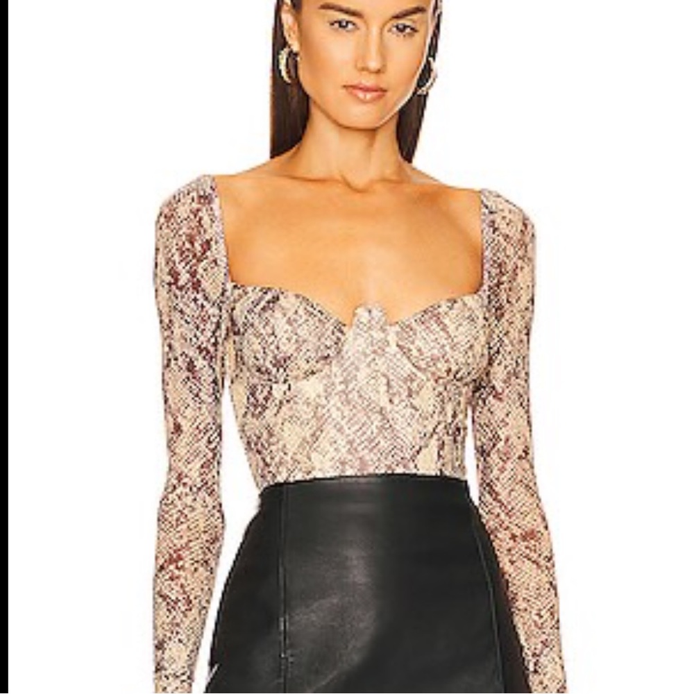 Michael Costello Snake Print Long Sleeve Bodysuit in Beige and Brown